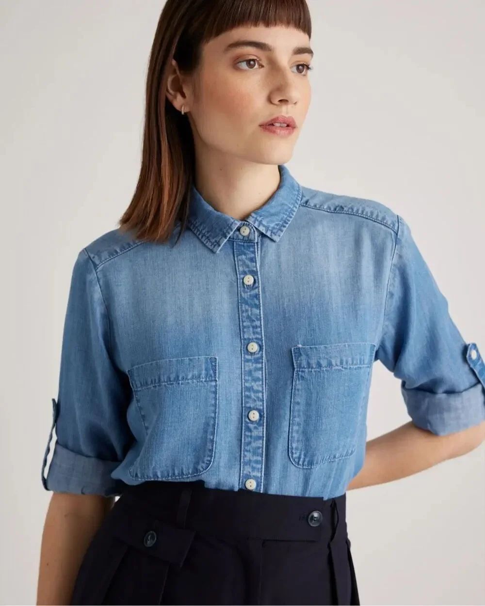Quince Chambray Long Sleeve Shirt Size Small Blue